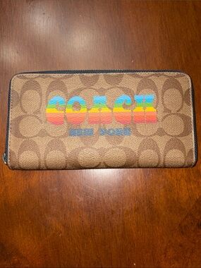 Coach Brown Signature Wallet with Rainbow Logo 7.5 in x 4in